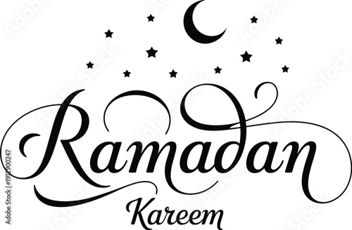 Hand-lettered Calligraphy Design for Ramadan Kareem, Featuring a Crescent Moon and Stars