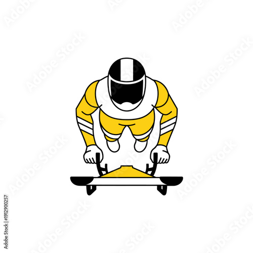 Illustration of a skateboarder in a yellow and white outfit performing a trick.