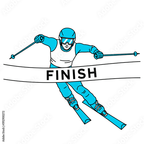 Illustration of a skier crossing the finish line with determination.