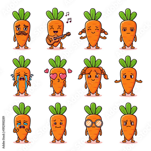 Kawaii Carrot Character Emoji Set. Cute Vegetable Mascot with Different Faces and Expressions like Crying, Happy, and Playing Guitar. Hand Drawn Vector Sticker Pack for Kids and Nutrition Design.