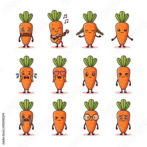 Kawaii Carrot Character Emoji Set. Cute Vegetable Mascot with Different Faces and Expressions like Crying, Happy, and Playing Guitar. Hand Drawn Vector Sticker Pack for Kids and Nutrition Design.