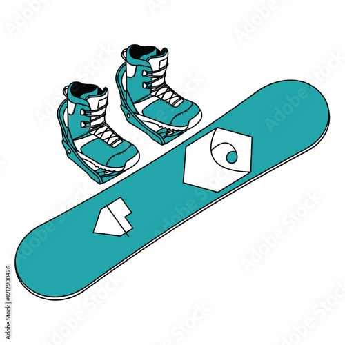 Snowboard and boots graphic illustration on white background.