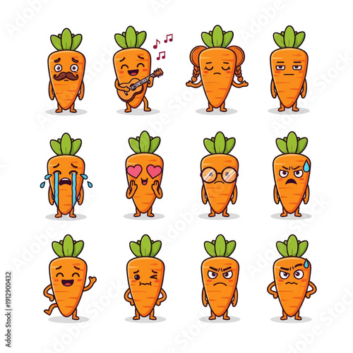 Kawaii Carrot Character Emoji Set. Cute Vegetable Mascot with Different Faces and Expressions like Crying, Happy, and Playing Guitar. Hand Drawn Vector Sticker Pack for Kids and Nutrition Design.