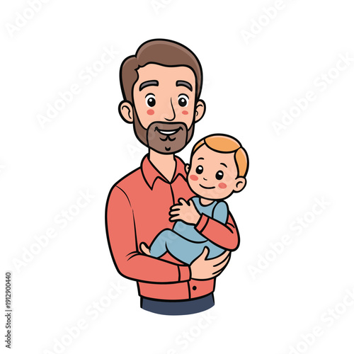 Cartoon vector illustration of a smiling bearded father holding his baby son in a light blue romper, isolated on a transparent background.
