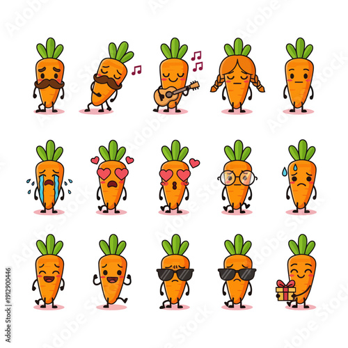 Kawaii Carrot Character Emoji Set. Cute Vegetable Mascot with Different Faces and Expressions like Crying, Happy, and Playing Guitar. Hand Drawn Vector Sticker Pack for Kids and Nutrition Design.