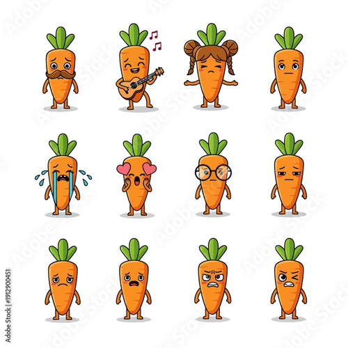 Kawaii Carrot Character Emoji Set. Cute Vegetable Mascot with Different Faces and Expressions like Crying, Happy, and Playing Guitar. Hand Drawn Vector Sticker Pack for Kids and Nutrition Design.