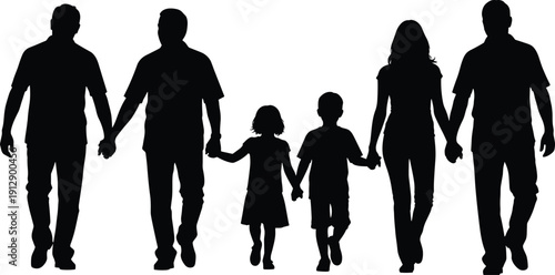 Black silhouette collection of a large family and group of friends walking together holding hands isolated on white background for community and togetherness vector design