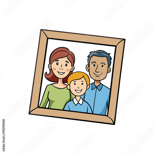 Wallpaper Mural Happy cartoon family portrait with a smiling mother, father, and son in a light brown wooden frame, isolated on a transparent background. Torontodigital.ca