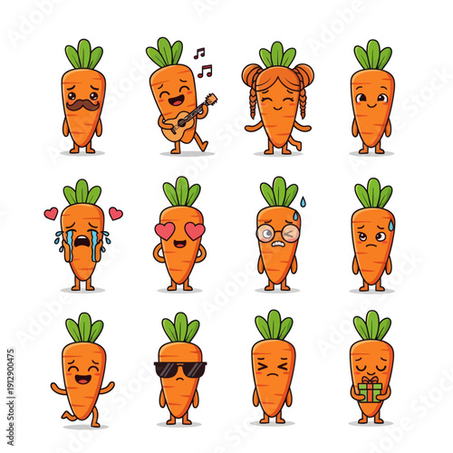 Kawaii Carrot Character Emoji Set. Cute Vegetable Mascot with Different Faces and Expressions like Crying, Happy, and Playing Guitar. Hand Drawn Vector Sticker Pack for Kids and Nutrition Design.