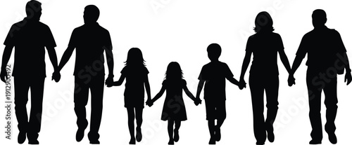 Black silhouette collection of a diverse group of people and family members walking together holding hands isolated on white background for community and togetherness vector design.
