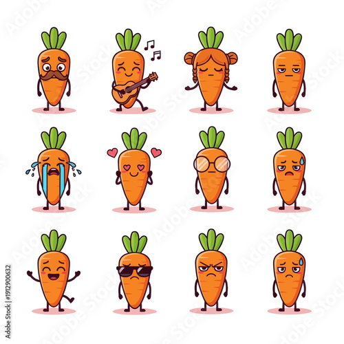 Kawaii Carrot Character Emoji Set. Cute Vegetable Mascot with Different Faces and Expressions like Crying, Happy, and Playing Guitar. Hand Drawn Vector Sticker Pack for Kids and Nutrition Design.