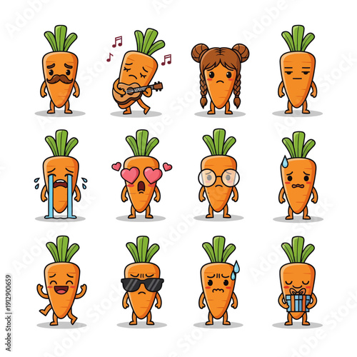Kawaii Carrot Character Emoji Set. Cute Vegetable Mascot with Different Faces and Expressions like Crying, Happy, and Playing Guitar. Hand Drawn Vector Sticker Pack for Kids and Nutrition Design.