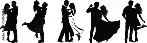 PrinBlack silhouette collection of elegant wedding couples dancing and posing in romantic formal attire isolated on white background for marriage invitation vector design.