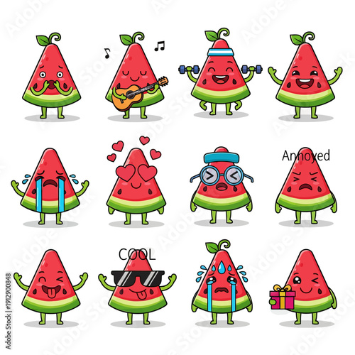 Cute Kawaii Watermelon Slice Character Emoji Set. Funny Fruit Mascot with Various Emotions and Expressions. Vector Sticker Pack for Summer Design, Kids, and Social Media Graphics.