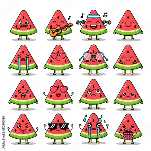 Cute Kawaii Watermelon Slice Character Emoji Set. Funny Fruit Mascot with Various Emotions and Expressions. Vector Sticker Pack for Summer Design, Kids, and Social Media Graphics.
