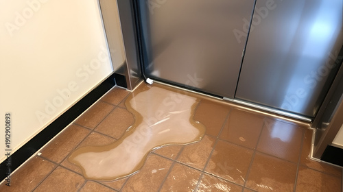 Water leakage near elevator door causing floor damage