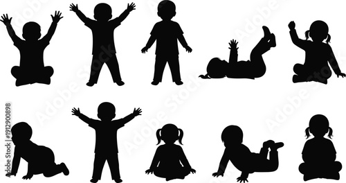 Black silhouette collection of happy young children and toddlers in various playful poses including sitting, jumping, crawling, and standing isolated on white background vector.