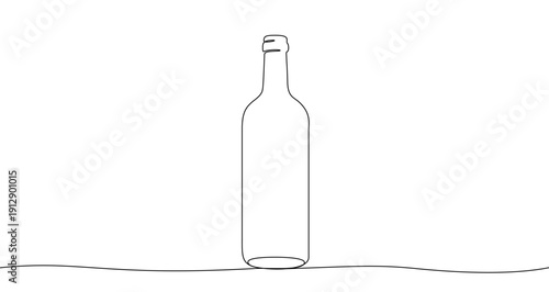 : Bottle in one line art style. Drawing of a glass bottle for drinks, made by a continuous line with editable black stroke on a white background. Vector illustration.