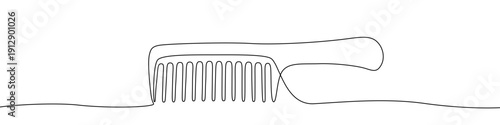 Hair comb in one line art style. Drawing of a grooming tool, made by a continuous line with editable black stroke on a white background. Vector illustration.