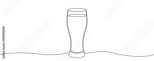 Beer glass in one line art style. Drawing of a tall beer glass, made by a continuous line with editable black stroke on a white background. Vector illustration.