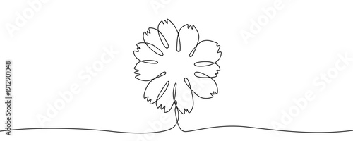 Flower in one line art style. Drawing of a blooming flower, made by a continuous line with editable black stroke on a white background. Vector illustration.