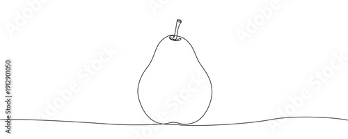 Pear in one line art style. Drawing of a ripe fruit with a stem, made by a continuous line with editable black stroke on a white background. Vector illustration.
