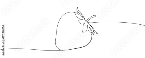 Strawberry in one line art style. Drawing of a ripe berry with leaves, made by a continuous line with editable black stroke on a white background. Vector illustration.