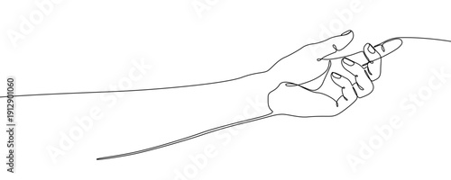 Human hand in one line art style. Drawing of an open palm or gesture, made by a continuous line with editable black stroke on a white background. Vector illustration.
