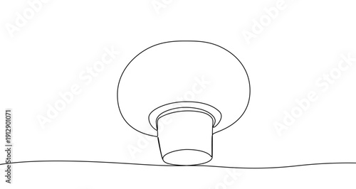 Mushroom in one line art style. Minimalist drawing of a champignon, made by a continuous line with editable black stroke. Vector illustration.