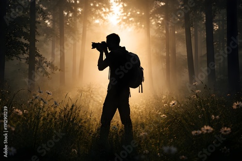 silhouette of a man holding camera in a forest area with grass and flowers in the foreground