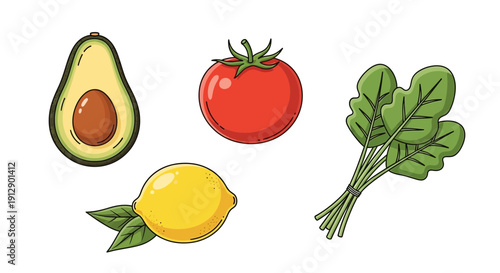 Fresh Healthy Ingredients: Avocado, Tomato, Lemon, and Spinach Bundle