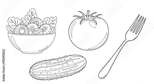 Fresh Salad Ingredients: Tomato, Cucumber, Greens, and Fork - Sketch Style