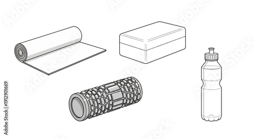 Fitness Equipment Set: Yoga Mat, Foam Roller, Yoga Block, Water Bottle - Line Art