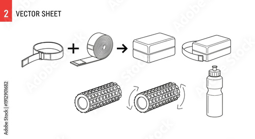 Fitness Equipment Setup: Foam Roller, Yoga Block, Water Bottle, Strap, and Tape