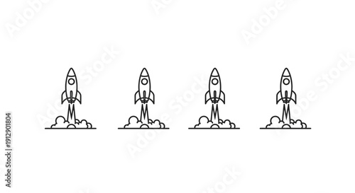Four Rockets Launching Simultaneously with Smoke Trails, Space Exploration Concept