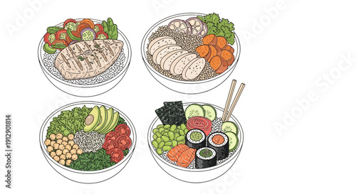 Four healthy bowls with diverse food: grilled chicken, poke bowl, sushi, and vegetarian salad.