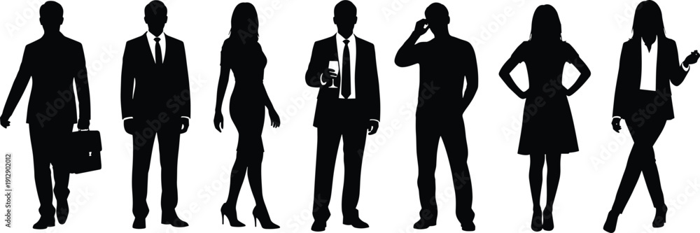 Fototapeta premium Black silhouettes of diverse business people standing in a row including businessmen in suits and professional women isolated on a clean white background