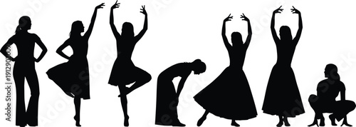 Black silhouettes of diverse women performing artistic dance moves and rhythmic gymnastics poses with elegant stretching and flowing dresses isolated on a clean white background