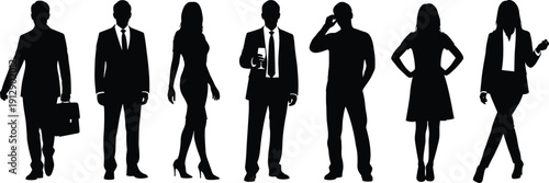 Black silhouettes of diverse business people standing in a row including businessmen in suits and professional women isolated on a clean white background