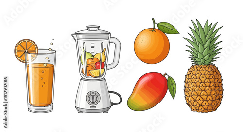 Fresh Fruit Smoothie Ingredients and Juice: Orange, Mango, Pineapple, Blender