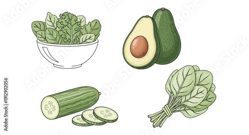 Fresh Green Vegetables: Spinach, Avocado, Cucumber - Healthy Eating Ingredients