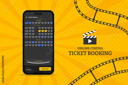 Smartphone Online Movie and Concert Ticket Booking, Mobile Seat Reservation App UI Vector Illustration, Pop Art Cinema Banner with Film Reel Premiere Template
