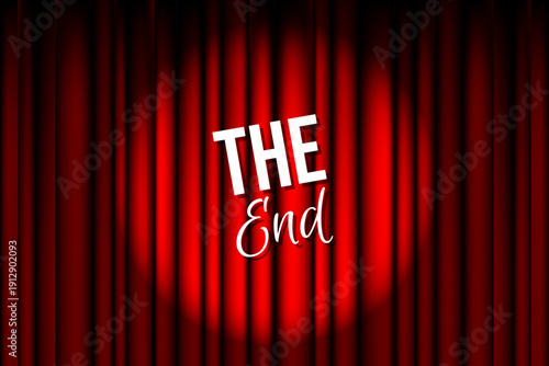 The End Typography on Closed Red Silky Luxury Theater Curtain with Spotlight Beam Background