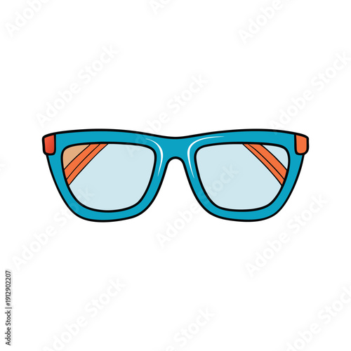 Vector illustration of aqua blue framed eyeglasses with orange temples and clear lenses, isolated on transparent background for UI design.