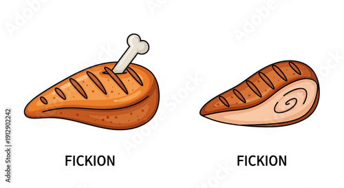 Cooked Chicken Breast and Drumstick with Grill Marks, Isolated on White Background