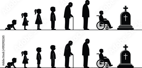 Black Silhouettes of Human Life Cycle from Baby and Childhood to Old Age Disability and Death Isolated on White Background for Aging Process Concept
