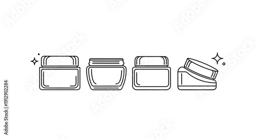 Cosmetic Cream Jars Set: Open, Closed, and Side View Icons with Sparkles
