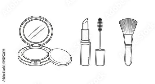 Cosmetic Makeup Collection: Powder Compact, Lipstick, Mascara, and Brush - Hand-Drawn Sketch