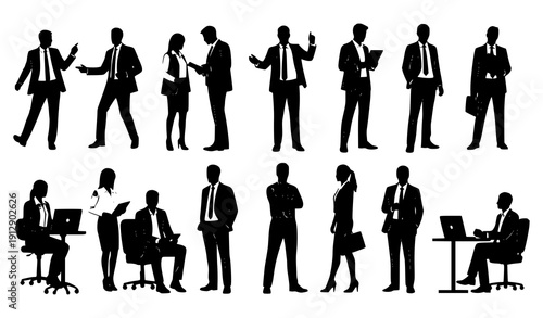 Office workers men and women full height black silhouette vector illustration set