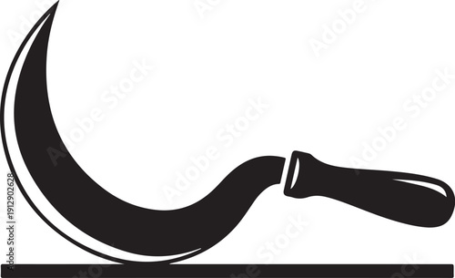 Black sickle illustration on white background with handle detail